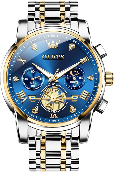 OLEVS Men Watches Stainless Steel Chronograph Watch, Large Wrist Analog Quartz Watch, Fashion Waterproof Diamond Roman Numerals Dress Watches for Men, Gold/Black/White/Blue/Grey Dial