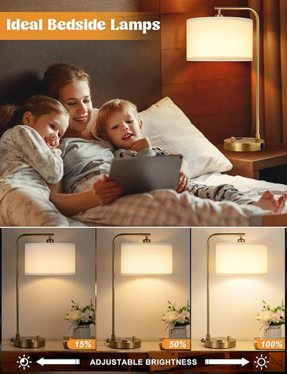 Gold Table Lamp with USB Port and Outlet, Dimmable Nightstand Bedside Lamps with Linen Lampshade, Desk Lamp for Bedroom, Living Room, Guest Room, Home Office, LED Bulb Included