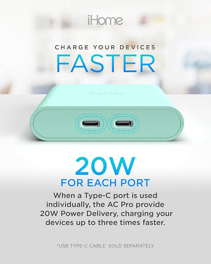 iHome Multiport 40W USB-C Charger, AC Pro 2-Port Flat Block, Dual Fast Charging Wall Adapter