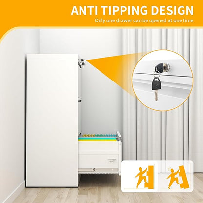 File Cabinet with Lock, 3 Drawer Lateral Filing Cabinet for Home Office, White Metal Heavy Duty File Cabinets for Hanging Letter/Legal/F4/A4 Size Files, Assembly Required