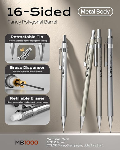Nicpro 4 Pack Metal Mechanical Pencil Set 0.9mm, MB1000 Lead Drafting Pencil 0.9 mm with 8 Tube HB #2 Lead Refill, 3PCS 4B Eraser, 9 Cap Eraser for Artist Writing, Sketching, Drawing- Come with Case