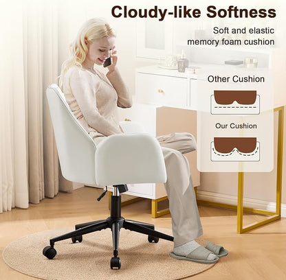 Furniliving Home Office Desk Chair, Ergonomic Leather Office Chair with Wheels, Comfortable Rolling Task Chair Adjustable Height, White