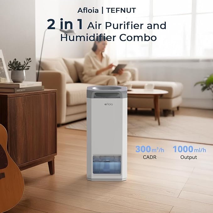 Afloia Air Purifier and Humidifier Combo in One-Cool Mist Evaporative for Home Bedroom Large Roome up tp 3000ft², with Humidity&Air Quality Sensor, Remove Pets Hair Allergy Mold Pollen Smoke, Brown