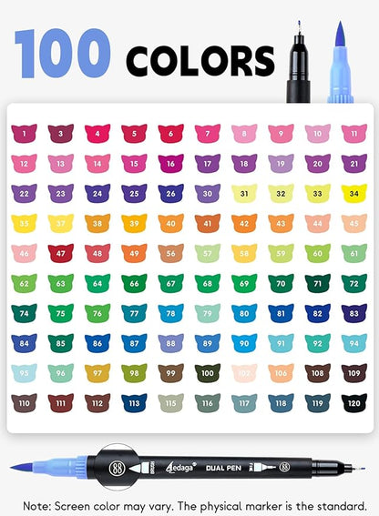 100 Colors Numbered Dual Tip Brush Pens with Free App, Fine and Brush Tips Pens for Adults and Kids, Coloring Markers for Coloring Book Bullet Journaling Note Taking Planner Hand Lettering