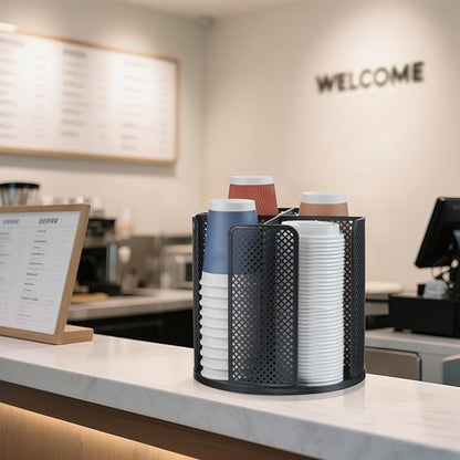 Cup and Lid Organizer, 360° Rotatable Coffee Cup Holder for Disposable Plastic and Paper Cups of 5 to 16 oz, 4 Compartments Detachable Countertop Cup Dispenser Coffee Station, Black