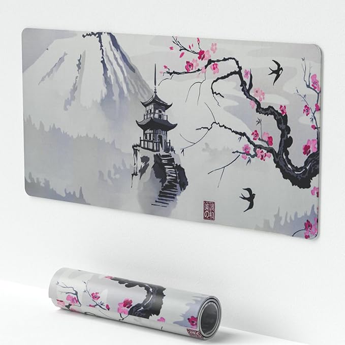 Large Sakura Mouse Pad, White Japanese Cherry Blossom Desk Mat,Extended Keyboard Mouse Pad with Non-Slip Base and Stitched Edge 23.6" x 11.8" Desktop Protector for Office and Home