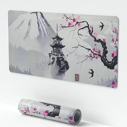 Large Sakura Mouse Pad, White Japanese Cherry Blossom Desk Mat,Extended Keyboard Mouse Pad with Non-Slip Base and Stitched Edge 23.6" x 11.8" Desktop Protector for Office and Home