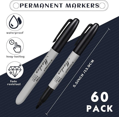 Thenshop 60 Pack Black Permanent Markers Bulk Fine Tip Permanent Marker Set Quick Drying Fine Point Pens for Classroom, Office, Home, Work on Wood, Metal, Stone, Glass, Christmas Office Gifts