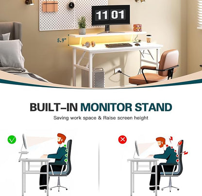 DlandHome Computer Desk 39’’ with LED Lights & Power Outlets,Folding Desk with Monitor Stand, Writing Desk Home Office Desk, Fully Assembled,White