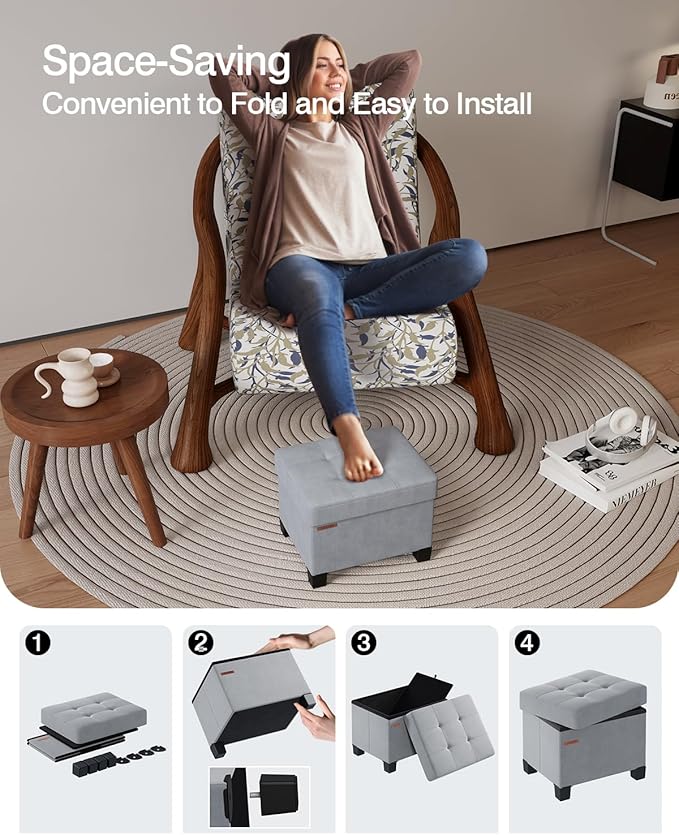 Cube Storage Ottoman, Velvet Foot Stool with Feet, Folding Storage Bench, End of Bed Bench, Storage Chest, for Living Room, Bedroom, 12.6 x 15.8 x 13.2 Inches, Dove Gray, ASND21G
