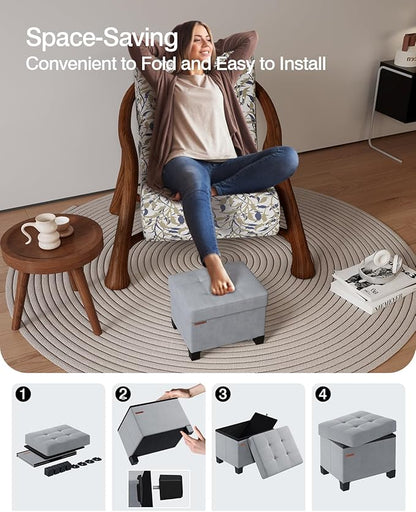 Cube Storage Ottoman, Velvet Foot Stool with Feet, Folding Storage Bench, End of Bed Bench, Storage Chest, for Living Room, Bedroom, 12.6 x 15.8 x 13.2 Inches, Dove Gray, ASND21G