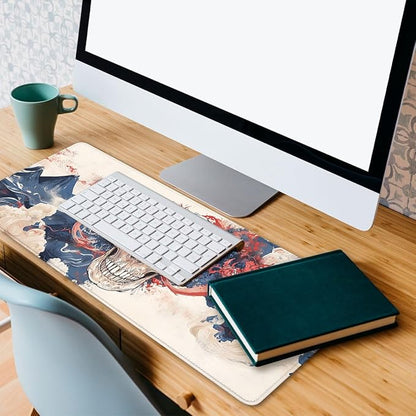 Japanese Skull Desk Mat Watercolor Wave Ocean Art Extended Gaming Mouse Pad Mat with Stitched Edge Non-Slip Base Big Mousepad 31.5"x11.8"