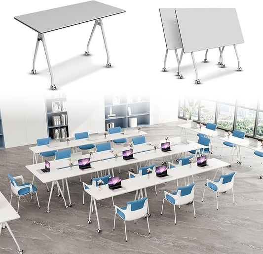 Folding Conference Table, Rectangular Conference Room Tables, Mobile Modular Training Table, Solid Steel Frame,Thickened Panel,for Offices,Meeting Room,Offices andSchools (2, White, 55in)