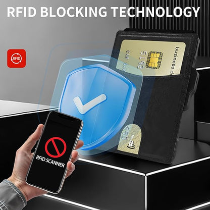 Compatible with Air Tag Wallet for Men, RFID Blocking Slim Minimalist Bifold Wallet with Pop Up Aluminum Card Case, Leather Credit Card Holder with Money Clip & ID Window, Holds 9–12 Cards, (black)