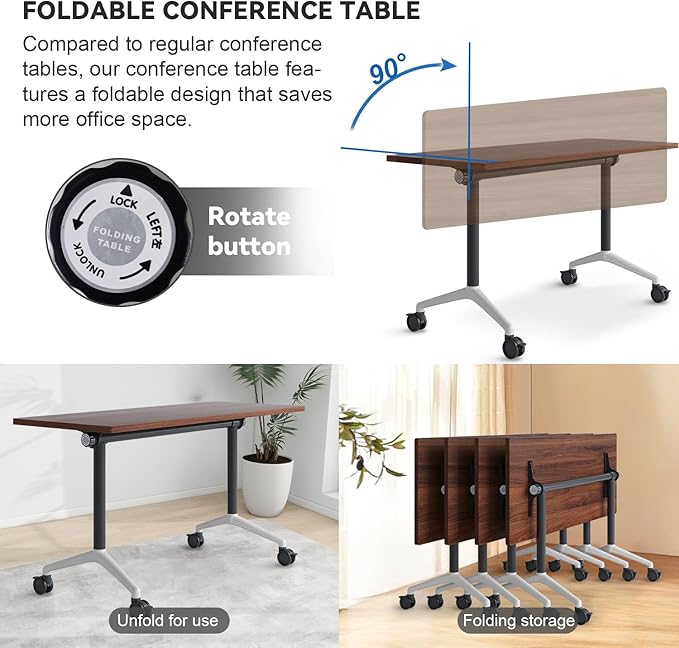Conference Table, Folding Conference Room Tables, Modern Flip Top Seminar Training Meeting Table with Wheels, Modular Foldable Conference Tables for Home Office Classr (Brown 10 Pack 55.1inch)
