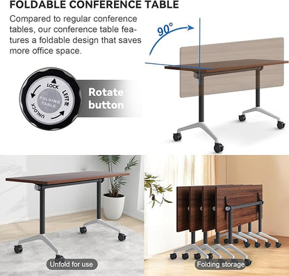 Conference Table, Folding Conference Room Tables, Modern Flip Top Seminar Training Meeting Table with Wheels, Modular Foldable Conference Tables for Home Office Classr (Brown 10 Pack 55.1inch)