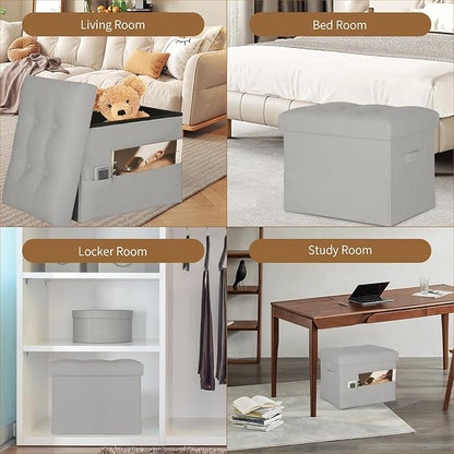 Folding Storage Ottoman. Foot Rest Stool with Thicker Foam Padded Seat. 330 lbs Leather Ottoman with Storage Bench for Living Room, Bedroom, Home Office Table, 17x13x13in, Grey