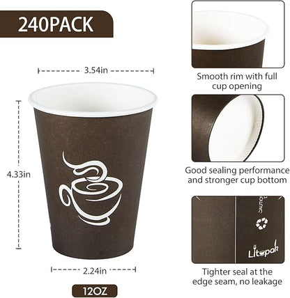 LITOPAK 240 Pack 12 oz Paper Cups, Brown Disposable Hot Coffee Cups for Party, Picnic, Travel, and Events