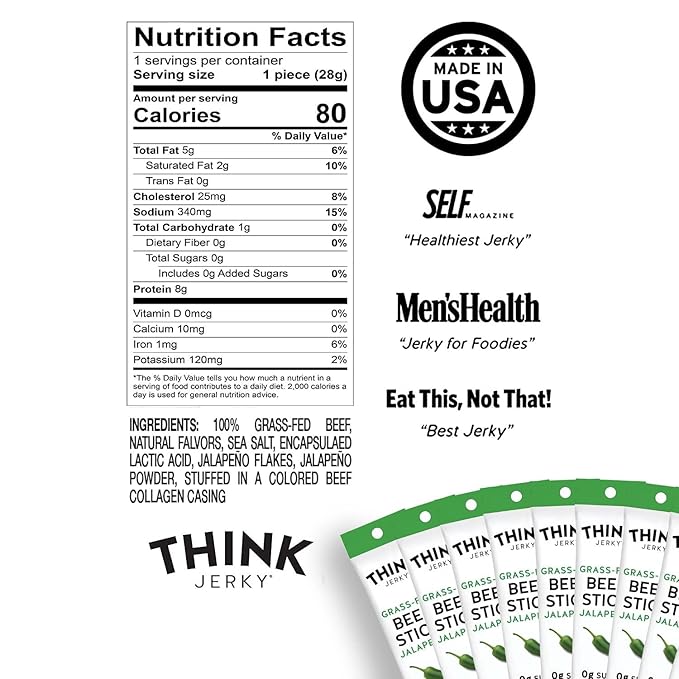 Think Jerky, Jalapeno Grass-Fed Beef Sticks 1 Ounce (Pack of 5) - Sugar Free, Gluten Free, No Nitrates, Keto Friendly, Paleo, High Protein, Low Carb