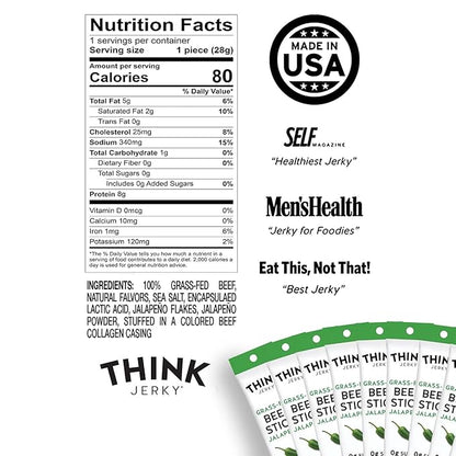 Think Jerky Jalapeno Beef Sticks, Gluten and Sugar Free, No Nitrates, Keto Paleo Friendly High Protein Low Carb Meat Snack - 1.0 oz Sticks, 10 Pack