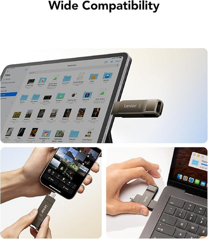 Lexar D40E 128GB Dual USB 3.2 Gen 1 Type-C Jump Drive, USB-C Flash Metal Housing Swivel Design Thumb Drive (Titanium Grey)