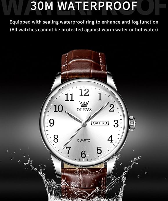 OLEVS Mens Watches Vintage Leather Band Dress Classic Easy Reader Arabic Numerals Analog Quartz Waterproof Date and Day Blue/Black/White Large Face Men's Wrist Watches