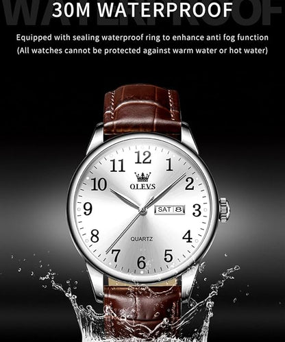 OLEVS Mens Watches Vintage Leather Band Dress Classic Easy Reader Arabic Numerals Analog Quartz Waterproof Date and Day Blue/Black/White Large Face Men's Wrist Watches