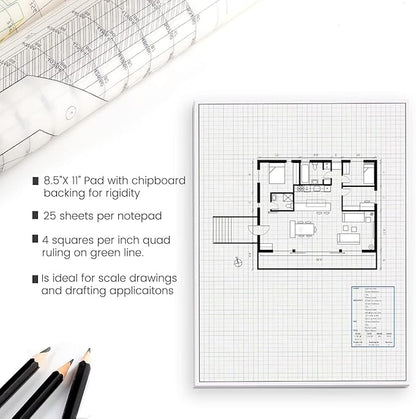Performore Graph Paper Pad Set 2-Pack 8.5" x 11" White 4x4 Quad Ruled Notepads 50 Double-Sided Sheets per PadEasy-Tear Glue-Top Sheets for Math, Engineering & Classroom Use