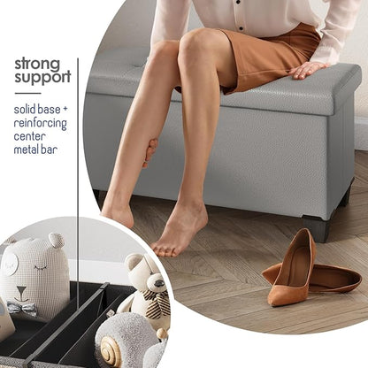 STORAGEBUD Storage Ottoman Bench with Bins, 30-in Storage Bench for Bedroom End of Bed, Folding Foot Rest Ottoman for Living Room Max 660lbs, Faux Leather Ottomans, Light Grey