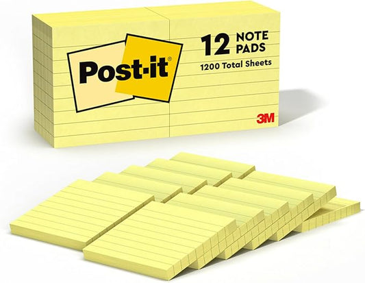 Post-it Notes, 3 in x 3 in, 12 Lined Sticky Notes Pads, 100 Sheets per Pad, The Iconic Canary Yellow Note, School Supplies and Oﬃce Products