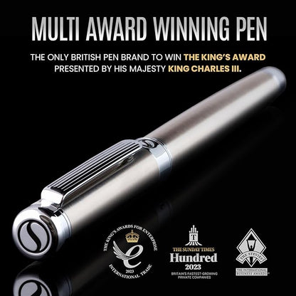 Scriveiner Stainless Steel Rollerball Pen - Stunning Luxury Metal Pen with Silver Chrome Finish, Schmidt Ink Refill, Best Roller Ball Pen Gift Set for Men & Women