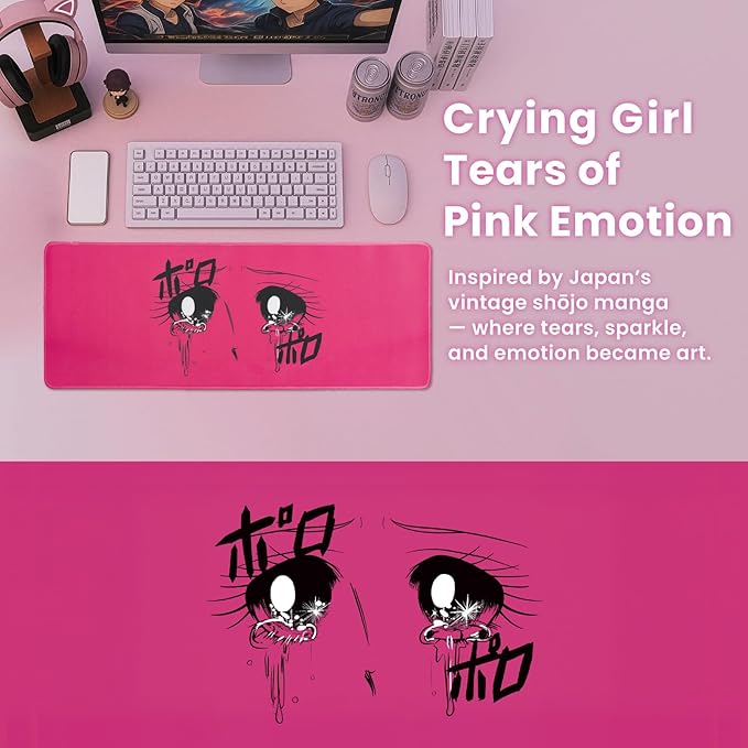 BELLEMOND Japanese Art Desk Mat | Large 31.5x11.8in Desk Pad | Anime Mouse Pad for Keyboard & Mouse | Non-Slip Base, Water-Repellent, Smooth Precision | Crying Girl - Tears of Pink Emotion
