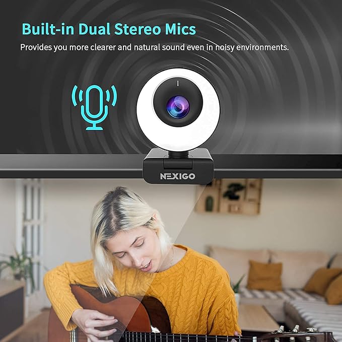 NexiGo N620E 60FPS AutoFocus ePTZ Webcam, 2X Digital Zoom, Ring Light & Privacy Cover, [Software Included], 1080P FHD Streaming Web Camera, Dual Stereo Mics, for Zoom Skype Teams (Renewed)