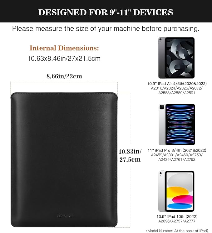 MoKo 9-11 Inch Tablet Sleeve, PU Leather Briefcase Slim Stylish Case Fits New 11-inch iPad Pro M4/iPad Air M2 2024, Air 5/4th 10.9, 10th Gen 10.9, 9/8. Gen 10.2, Tab S8/S9 11, Black