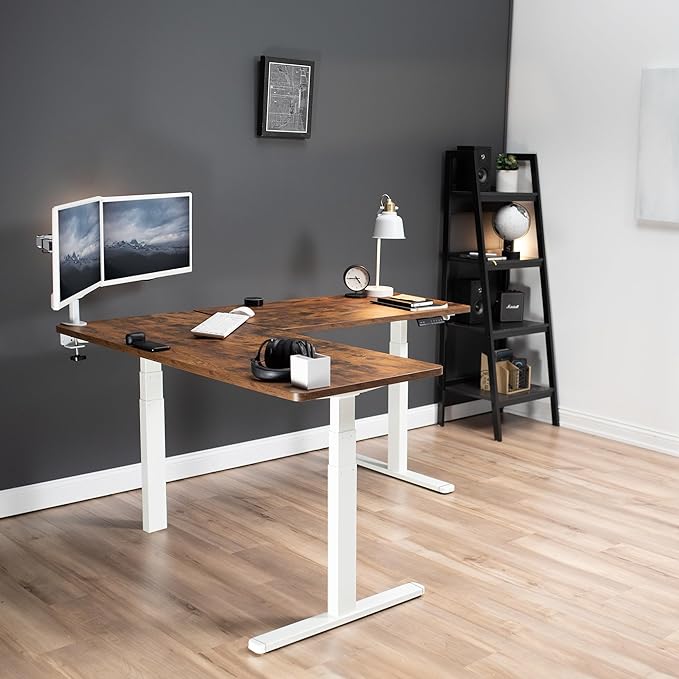 VIVO Electric Height Adjustable 67 x 60 inch Corner Stand Up Desk, 2 Rustic Vintage Brown Solid Table Tops, White Frame, Memory Controller, L-Shaped Workstation, 3E Series, DESK-KIT-3E6WN