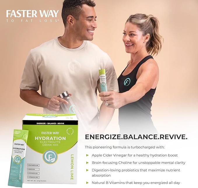 Faster Way - Hydration - Electrolyte Drink Mix - With Apple Cider Vinegar, Choline, Probiotics & Natural B Vitamins - Energize & Revive - Powder Packets - Zero Sugars -Gluten Free -Lemon Lime -30 Pack