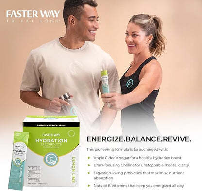 Faster Way - Hydration - Electrolyte Drink Mix - With Apple Cider Vinegar, Choline, Probiotics & Natural B Vitamins - Energize & Revive - Powder Packets - Zero Sugars -Gluten Free -Lemon Lime -30 Pack