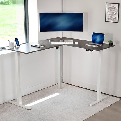 VIVO Electric Corner 63 x 55 inch L-Shaped Standing Desk, Memory Height Adjustment, Dark Gray Top White Frame, DESK-E3CTWG