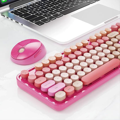 Wireless Keyboard and Mouse Combo, Retro Typewriter Keyboard with Round Keycaps, Full-Size Ergonomic, Red, Ideal for Windows PC, Home, Office, and College, Wireless Keyboard Mouse Combo