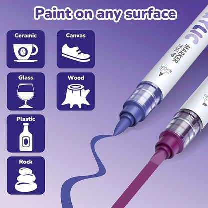 Guangna 12 Purple Dual Tip Acrylic Paint Markers, Brush Tip & Chisel Tip Acrylic Paint Pens for Pumpkin Paint, Rock, Wood, Glass, Paper, Coloring Book, Ceramic, Canvas, Water-Based Ink