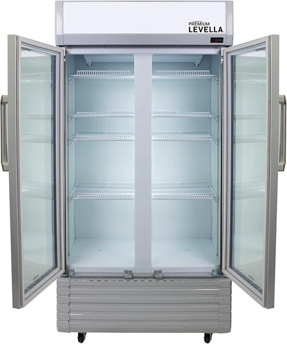 PremiumLevella PRN290DX Glass Door Display Refrigerator 29 cu ft Commercial Beverage Cooler Merchandiser With Customizable Lightbox - Silver