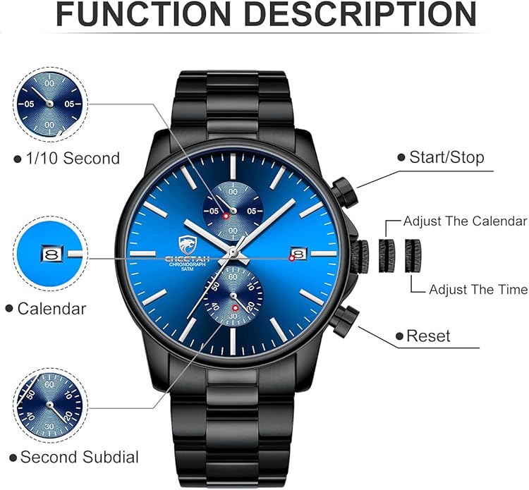 GOLDEN HOUR Fashion Business Mens Watches with Stainless Steel Waterproof Chronograph Quartz Watch for Men, Auto Date