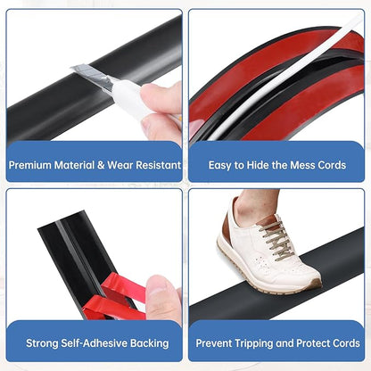 Floor Cord Cover Self Adhesive Cord Hider Floor Extension Cord Covers for Floor Power Cord Protector Cable Management Prevent Cable Trips Cable Cavity 0.47" W x 0.27" H (Black, 20Ft)
