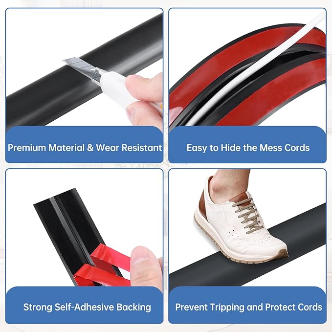 Floor Cord Cover Self Adhesive Cord Hider Floor Extension Cord Covers for Floor Power Cord Protector Cable Management Prevent Cable Trips Cable Cavity 0.51" W x 0.31" H (Black, 10Ft)