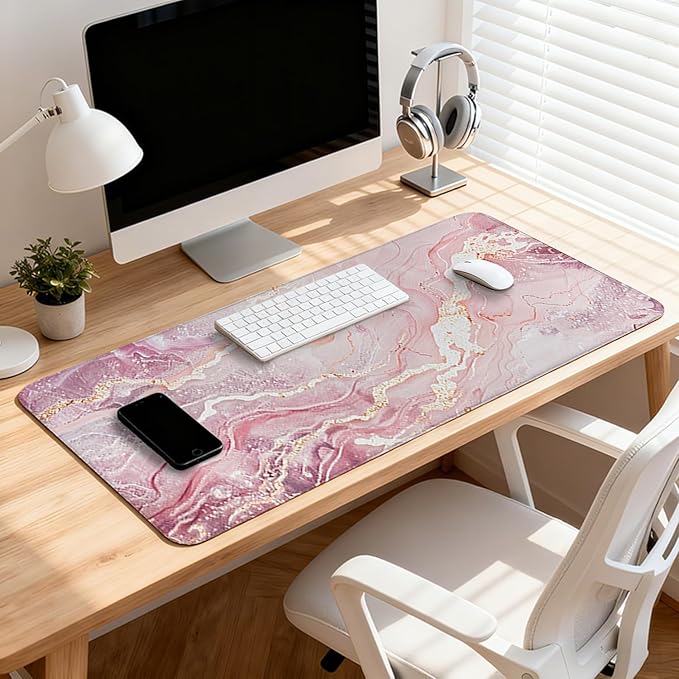 Pink Gold Marble Patterns Desk Mat, Large Gaming Mouse Pad Non-Slip Rubber Base with Stitched Edges, Waterproof Protection for PC Laptop Home Office Desk Decor (31.5x11.8in)