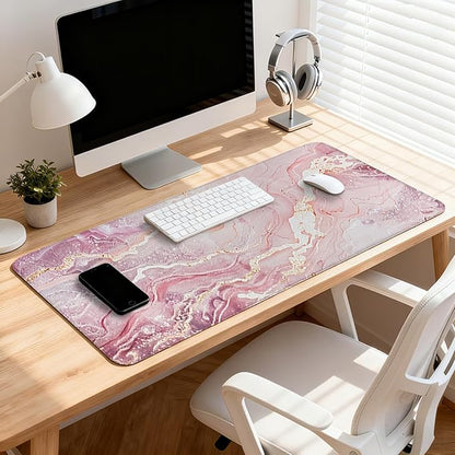 Pink Gold Marble Patterns Desk Mat, Large Gaming Mouse Pad Non-Slip Rubber Base with Stitched Edges, Waterproof Protection for PC Laptop Home Office Desk Decor (31.5x11.8in)