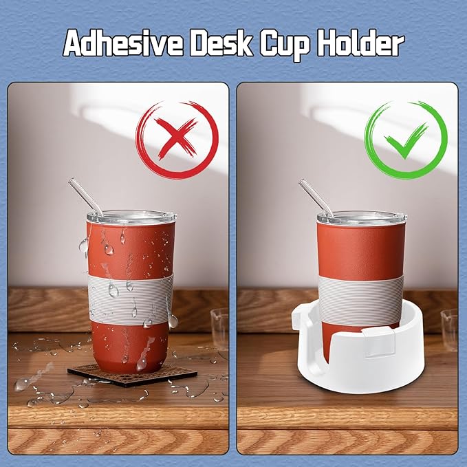 Anti Spill Cup Holder - Adjustable Plastic Drink Holder - Adhesive Desk Cup Holder for Home Office Couch Table - White
