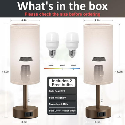 Fenmzee Brown Bedside Table Lamps Set of 2-3 Color Temperatures Pull Chain Lamp with AC Outlet Charging Port, Small Round Night Stand Lamps for Bedroom, Bed Side Light with E26 LED Bulbs