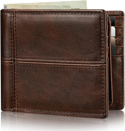 Mens Wallet Bifold Genuine Leather RFID Blocking Wallet for Men with 2 ID Windows 12 Card Holders 2 cash pockets 1 Gift Box
