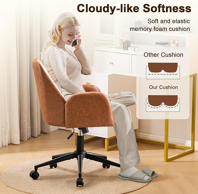 Furniliving Home Office Desk Chair, Ergonomic Leather Office Chair with Wheels, Comfortable Rolling Task Chair Adjustable Height, Brown